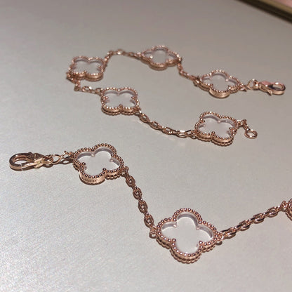 [baslovejewels]CLOVER 5 MOTIF ROCK CRYSTAL PINK GOLD BRACELET