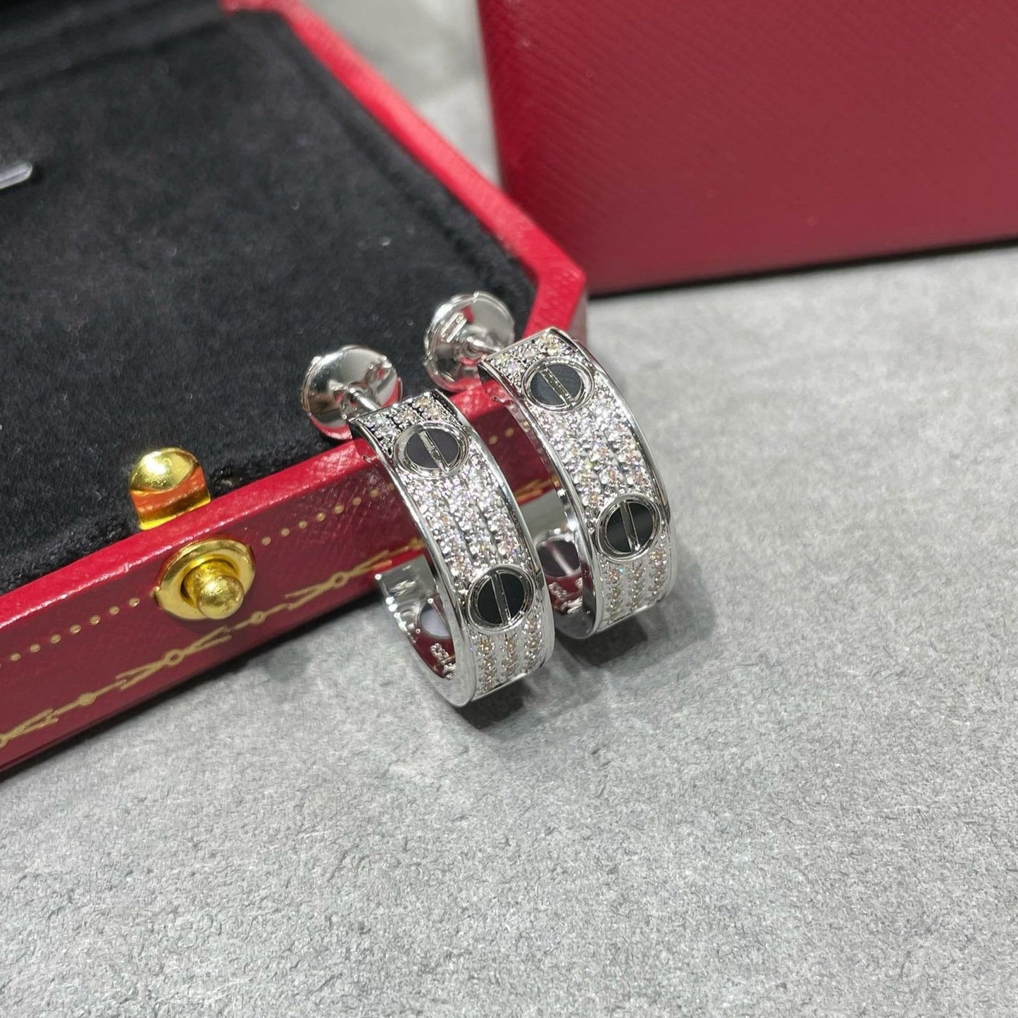 [baslovejewels]LOVE CERAMIC DIAMOND PAVED SILVER EARRINGS