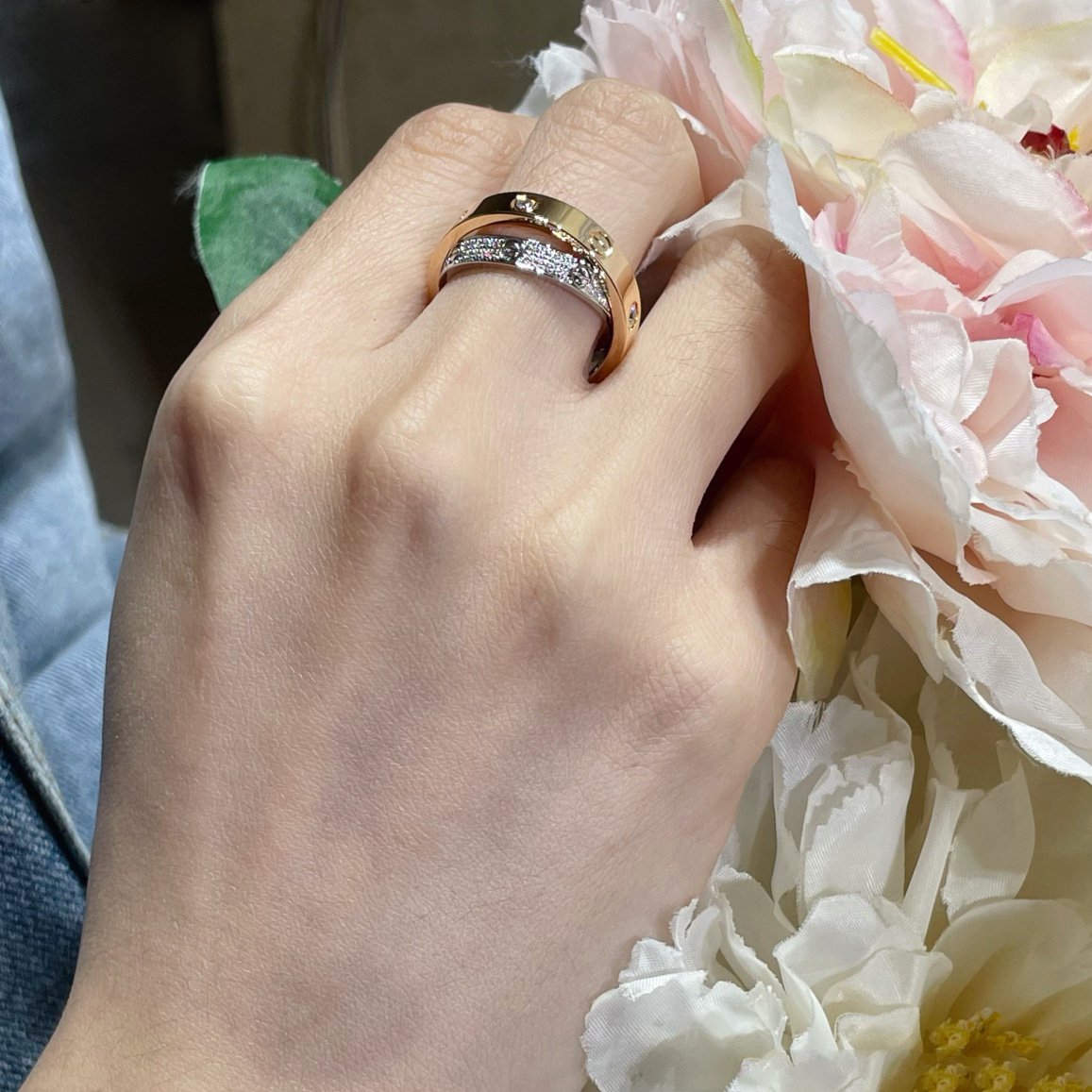 [baslovejewels]LOVE PINK GOLD SILVER DIAMOND DOUBLE RING