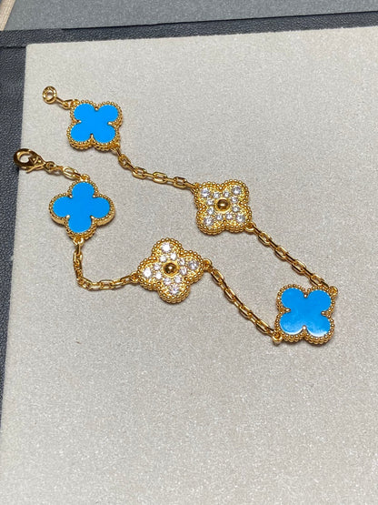 [baslovejewels]CLOVER 5 MOTIF BLUE CHALCEDONY DIAMOND GOLD BRACELET