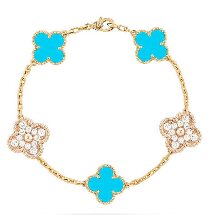 [baslovejewels]CLOVER 5 MOTIF TURQUOISE DIAMOND GOLD BRACELET