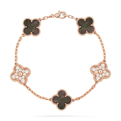 [baslovejewels]CLOVER 5 MOTIF GRAY MOP DIAMOND BRACELET
