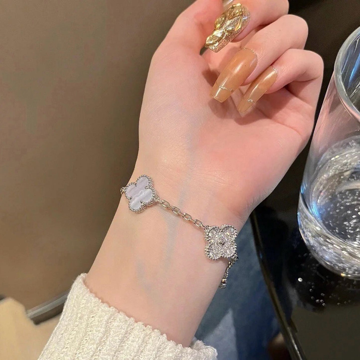 [baslovejewels]CLOVER  5 MOTIF DIAMOND PURPLE CHALCEDONY BRACELET SILVER