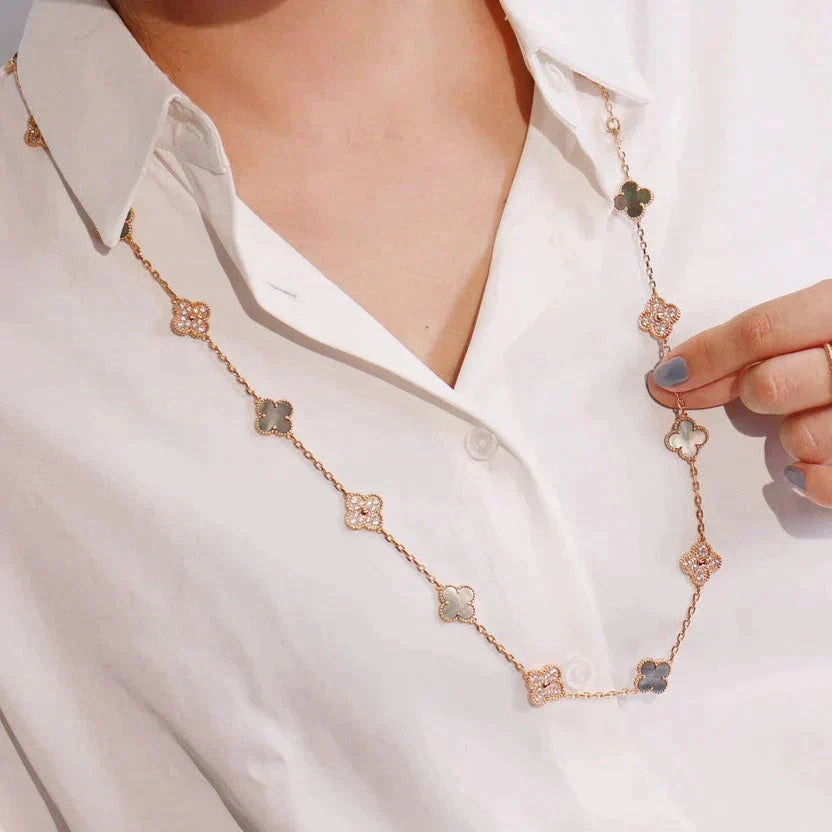 [baslovejewels]CLOVER 20 MOTIFS DARK MOP DIAMOND  NECKLACE