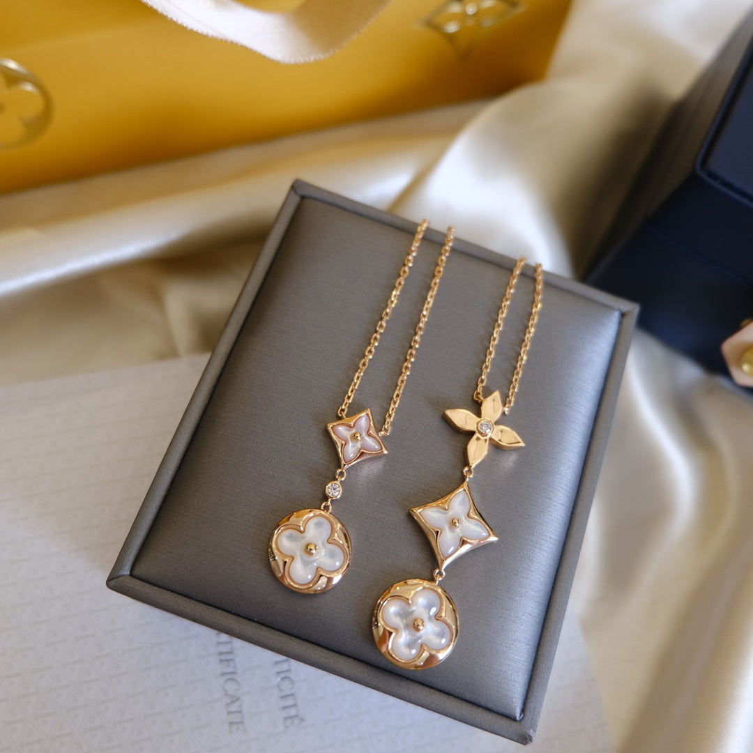 [baslovejewels]COLOR BLOSSOM LARIAT NECKLACE PINK GOLD WHITE MOTHER PEARL AND DIAMOND